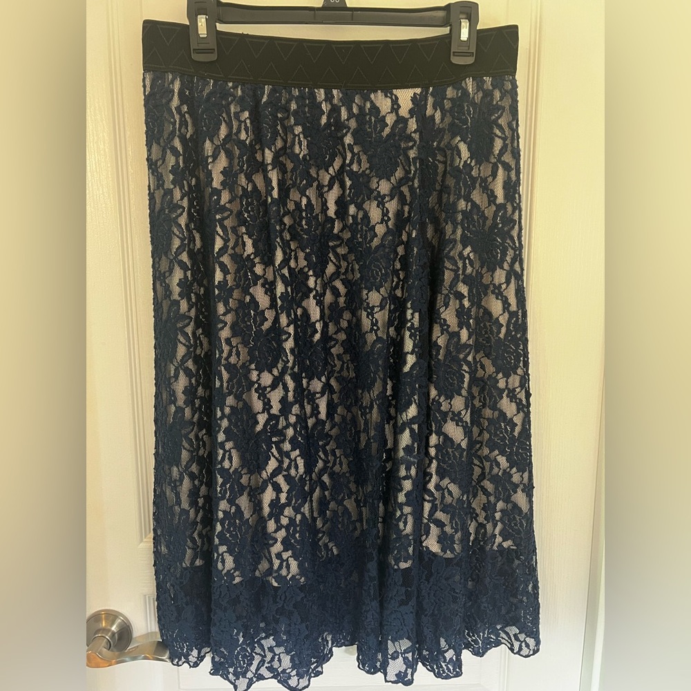 LuLaRoe Navy Blue Midi skirt with lace overlay